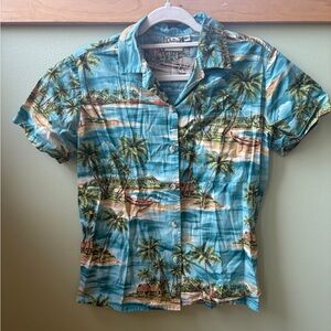 Tropical Print Button-Down Shirt - Blue